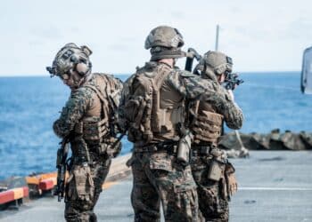 U.S. Marines with the 26th Marine Expeditionary Unit (Special Operations Capable)’s (MEU(SOC)) Maritime Special Purpose Force conduct close quarters tactics during a live-fire range aboard the Wasp-class amphibious assault ship USS Bataan (LHD 5), Atlantic Ocean, July 19, 2023.