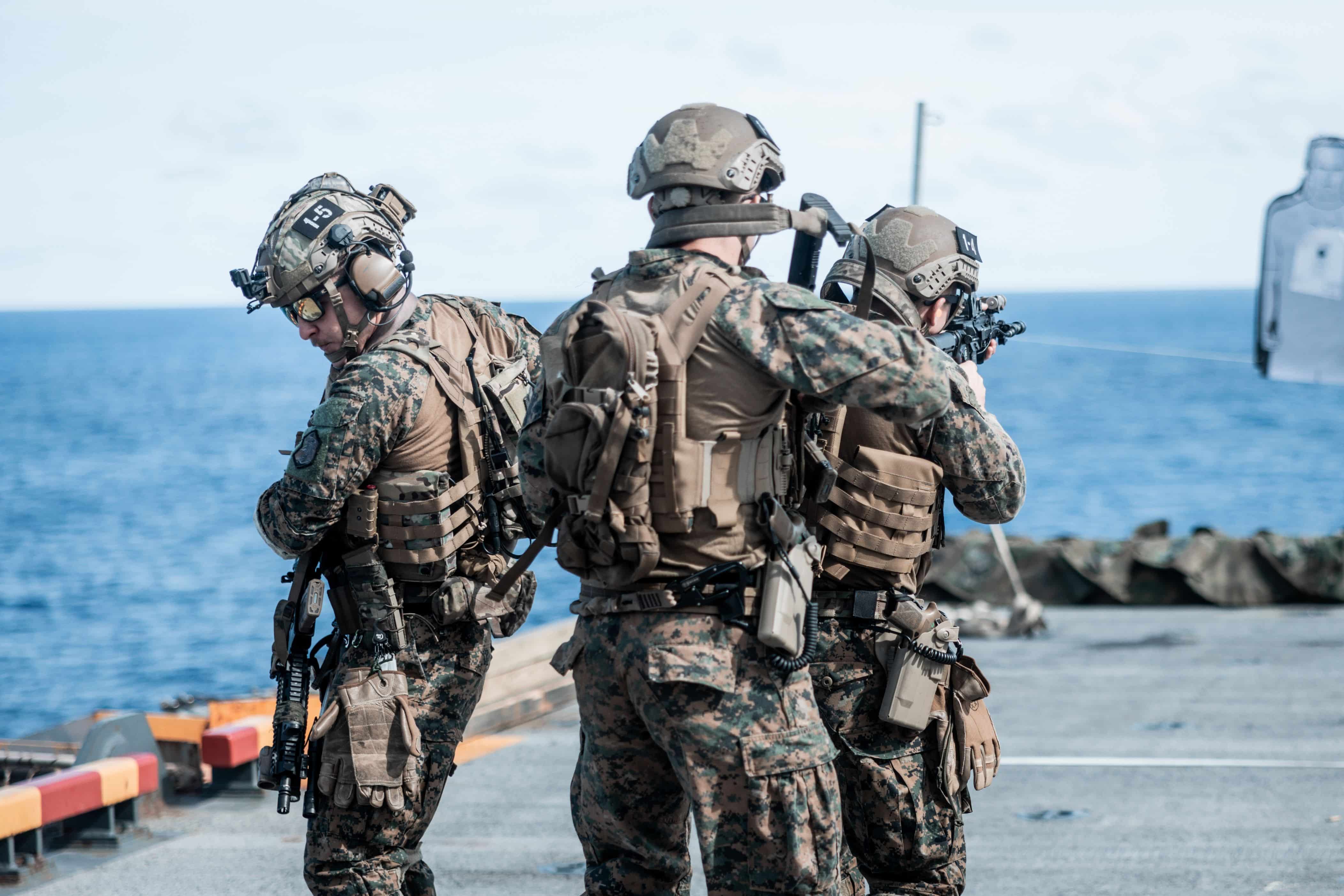 U.S. Marines with the 26th Marine Expeditionary Unit (Special Operations Capable)’s (MEU(SOC)) Maritime Special Purpose Force conduct close quarters tactics during a live-fire range aboard the Wasp-class amphibious assault ship USS Bataan (LHD 5), Atlantic Ocean, July 19, 2023.