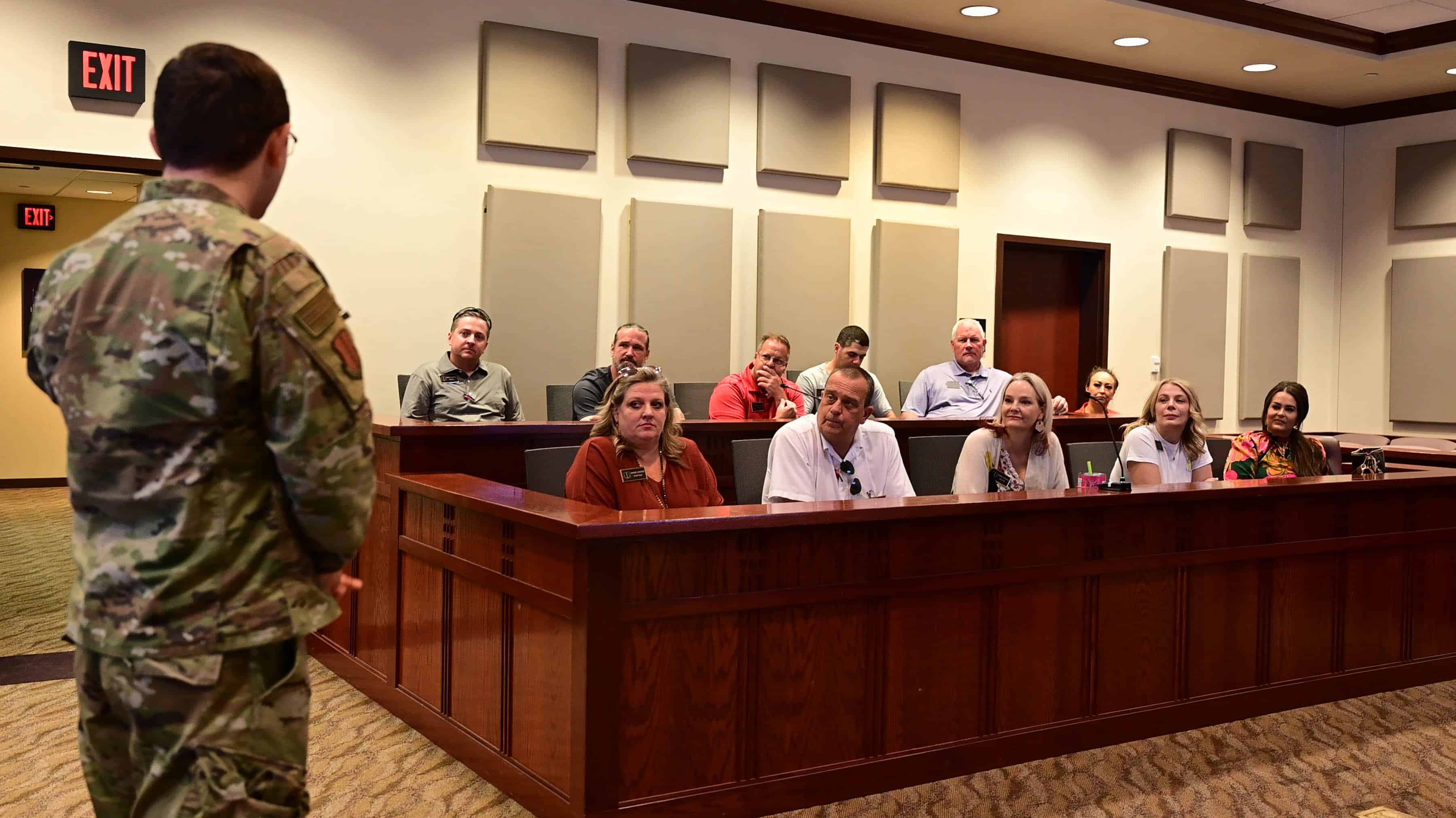 17th Training Wing honorary commanders act as a jury during a mock trial at Goodfellow Air Force Base, Texas, Aug 30, 2023. Honorary Commanders acted as the jury of the mock trial to understand how violations of the Uniform Code of Military Justice are treated in a military-style court. (U.S. Air Force photo by Airman 1st Class Zach Heimbuch)