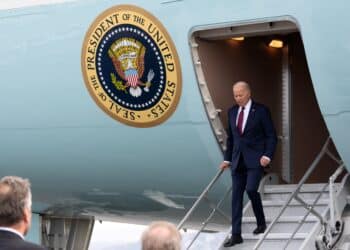 U.S. President Joe Biden exits Air Force One while visiting Joint Base Elmendorf-Richardson, Alaska, to commemorate the 22nd anniversary of the terrorist attacks of 9/11, Sept. 11, 2023. Biden highlighted continued commitment to defense of the nation and support to allies as an on-going tribute to the lives lost that day. (U.S. Air Force photo by Alejandro Peña)