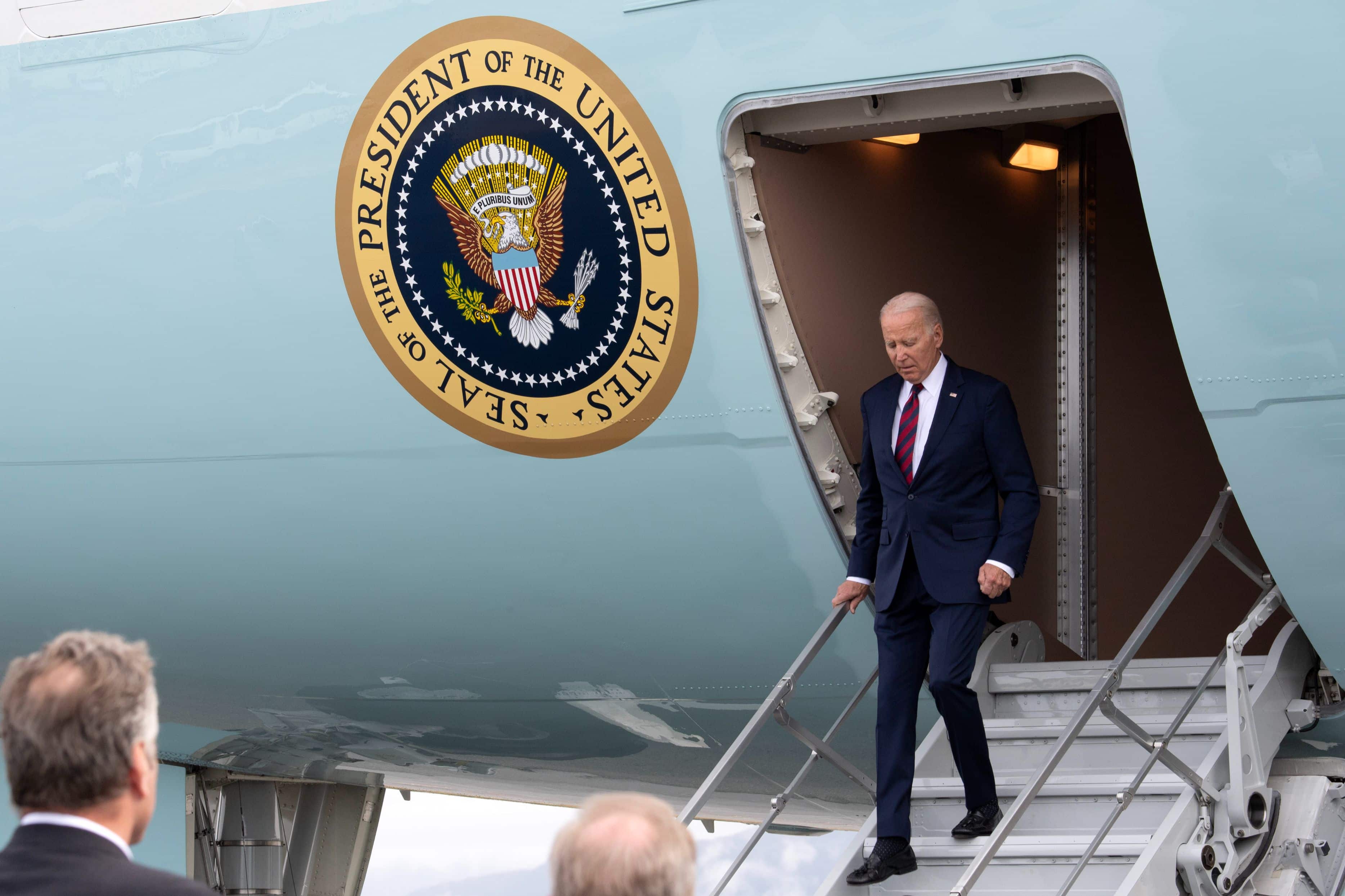 U.S. President Joe Biden exits Air Force One while visiting Joint Base Elmendorf-Richardson, Alaska, to commemorate the 22nd anniversary of the terrorist attacks of 9/11, Sept. 11, 2023. Biden highlighted continued commitment to defense of the nation and support to allies as an on-going tribute to the lives lost that day. (U.S. Air Force photo by Alejandro Peña)