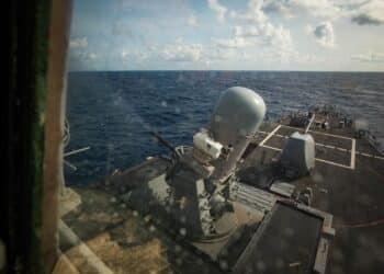 231003-N-GF955-1056 ATLANTIC OCEAN (Oct. 3, 2023) The Arleigh Burke-class guided-missile destroyer USS Carney (DDG 64) fires the Phalanx close-in weapons system (CIWS) during a pre-action calibration firing (PACFIRE) in the Atlantic Ocean, October 3, 2023.
