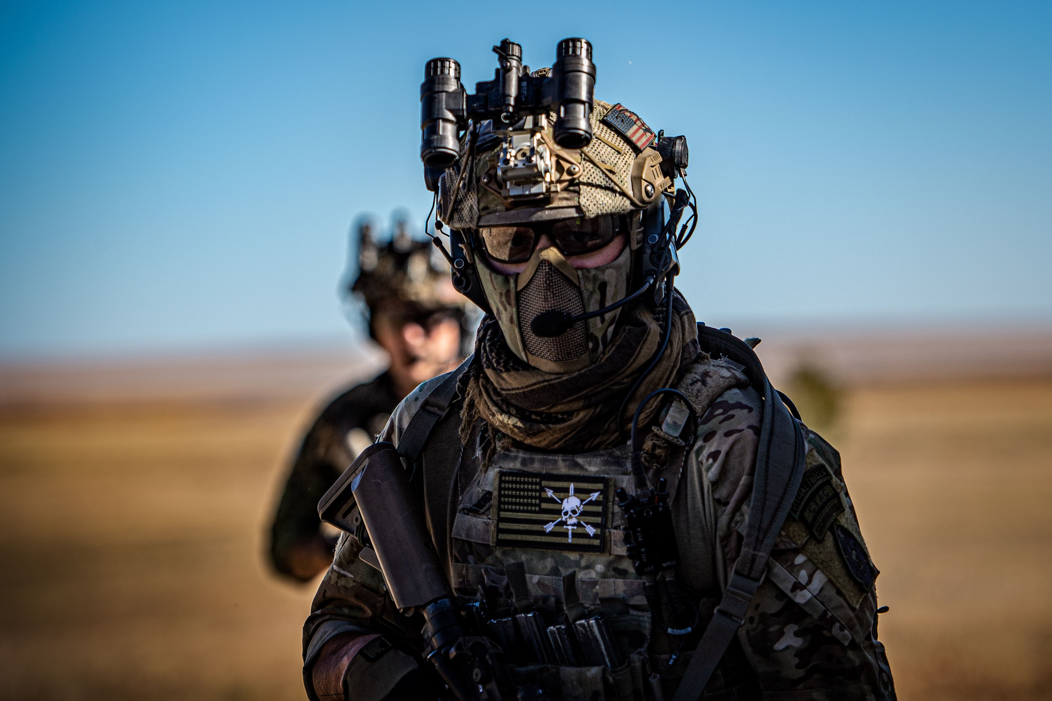 A Special Operations Forces Soldier participates in a training exercise with the 50th Security Forces Squadron and a tier 1 NATO mission partner at Schriever Space Base, Colorado, Oct. 19, 2023. This exercise increased interoperability and allowed for the 50th SFS to begin employing the Agile Combat Employment concept. (U.S. Space Force photo by Tiana Williams)