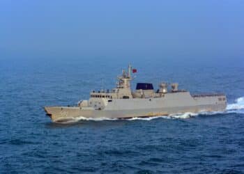 SHANGHAI, CHINA - Dec 31, 2017: New guided missile Type 056A (NATO reporting name: Jiangdao) Chinese People's Liberation Army Navy corvette "Zhuzhou" with Pennant No. 594 at sea.