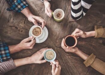 People drinking coffee high angle view