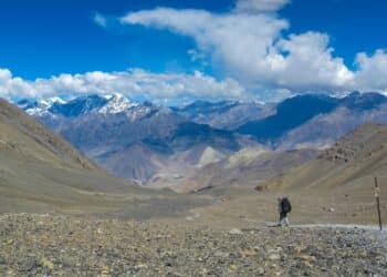 Himalayas mountains in Nepal. Annapurna circuit. Backpacker is walking in Himalayas mountains