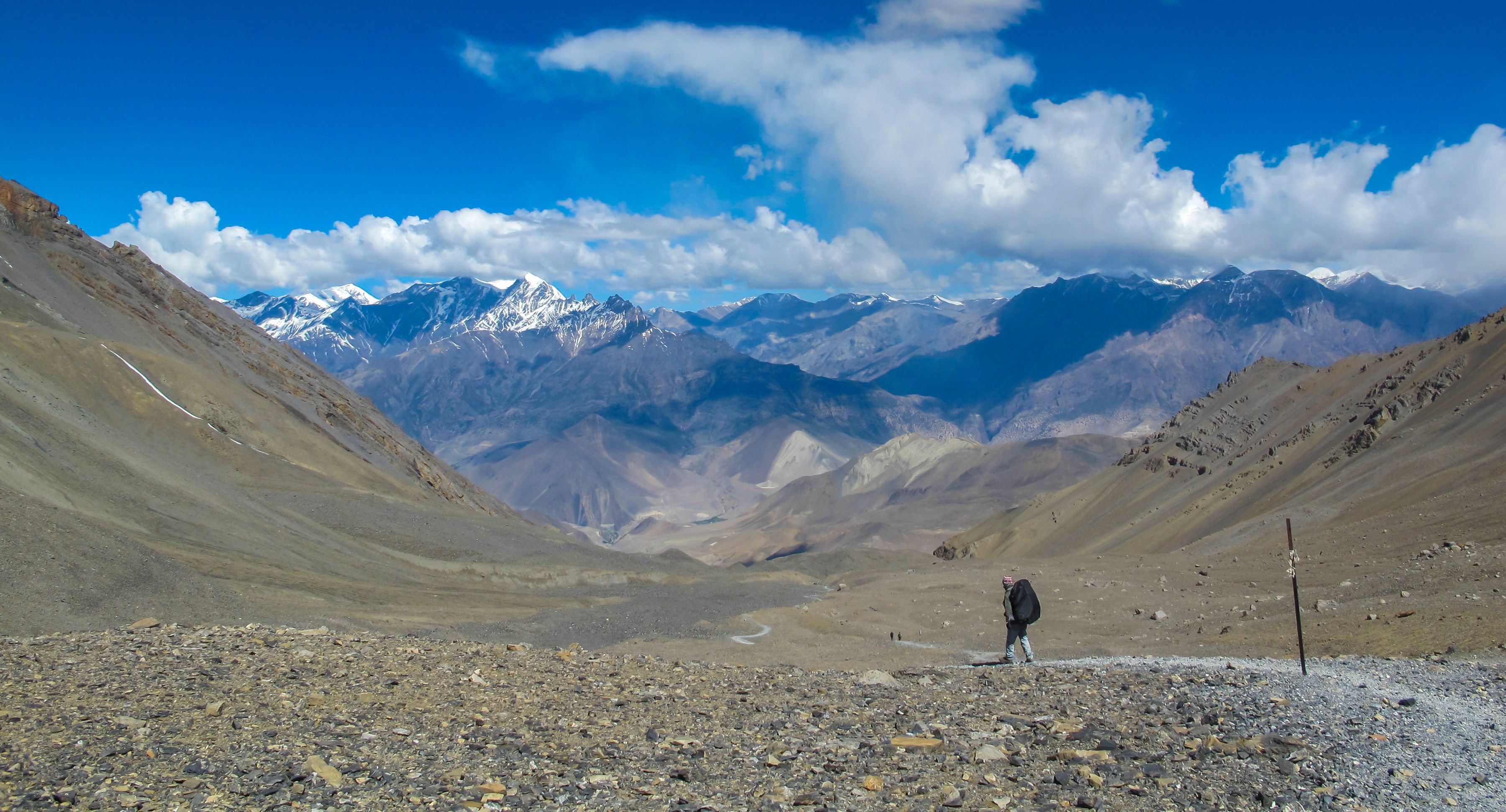 Himalayas mountains in Nepal. Annapurna circuit. Backpacker is walking in Himalayas mountains
