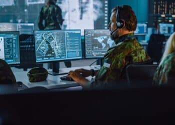 Military Surveillance Officer Working on a City Tracking Operation in a Central Office Hub for Cyber Control and Monitoring for Managing National Security, Technology and Army Communications.