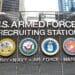 U.S. Armed Forces Recruiting Station sign at Times Square station that recruits for the four branches of the U.S. Armed Forces Army, Navy, Air Force and Marines - New York, USA - 2021