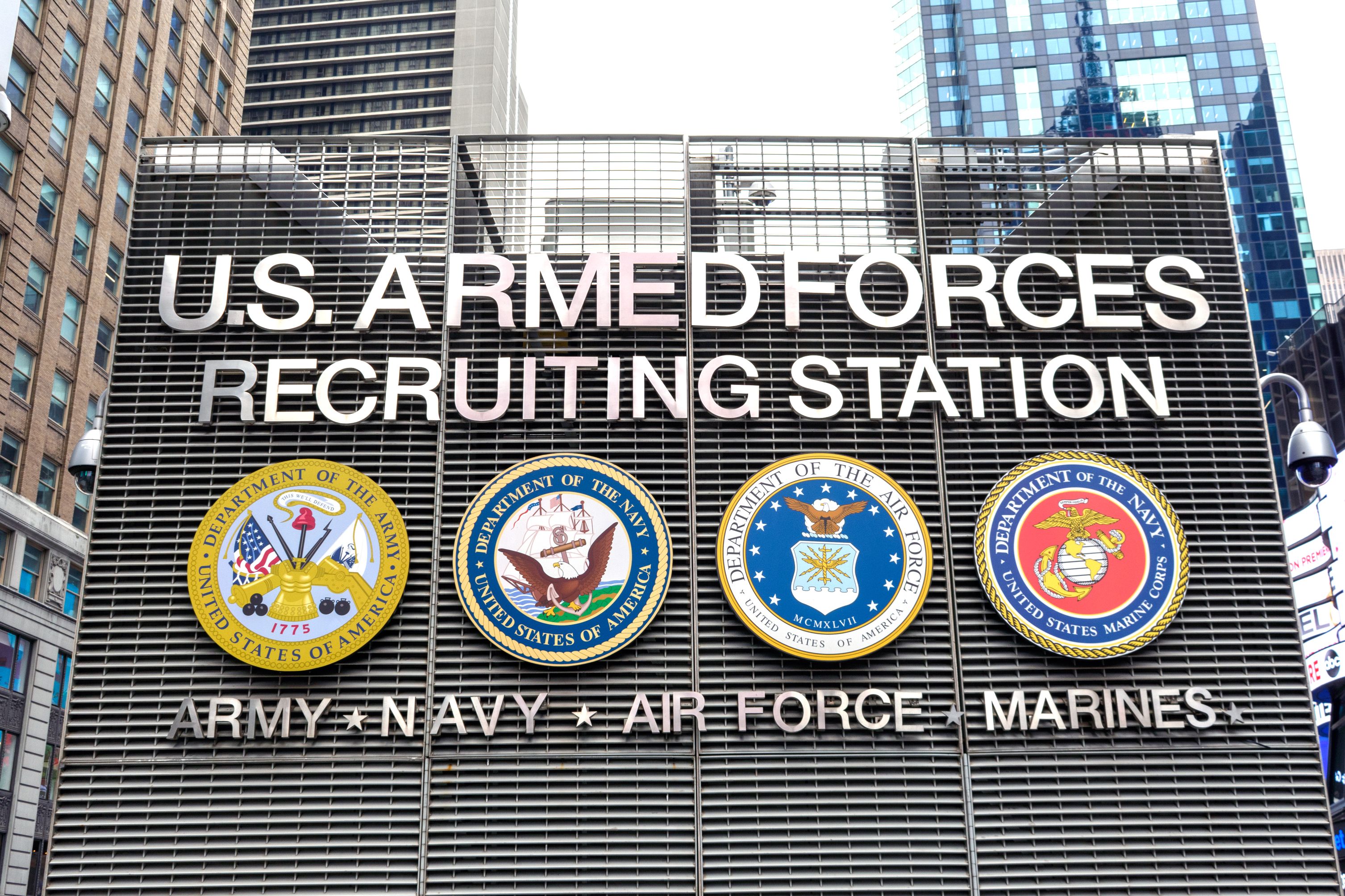 U.S. Armed Forces Recruiting Station sign at Times Square station that recruits for the four branches of the U.S. Armed Forces Army, Navy, Air Force and Marines - New York, USA - 2021