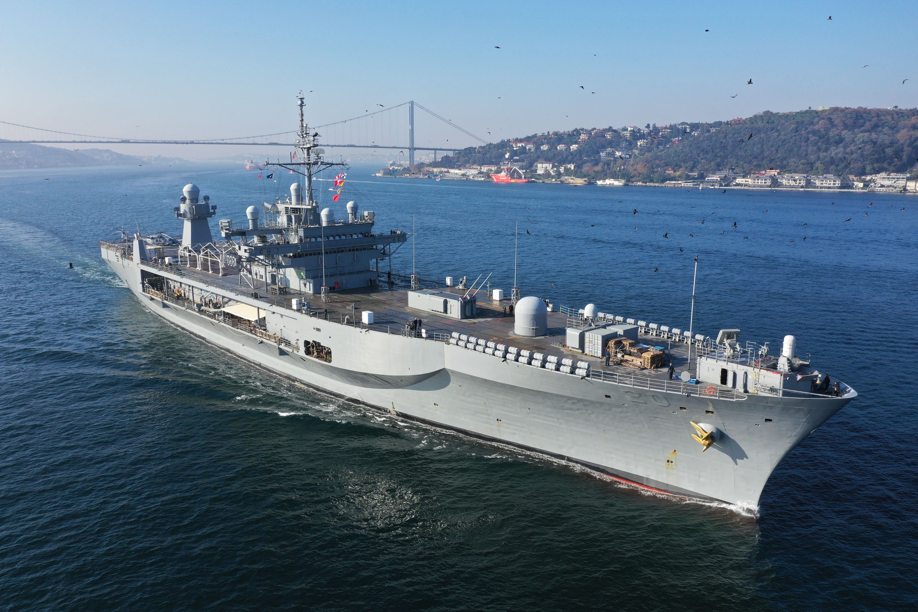 US navy sixt fleet warship transits Istanbul Strait towards the Black Sea in Turkey