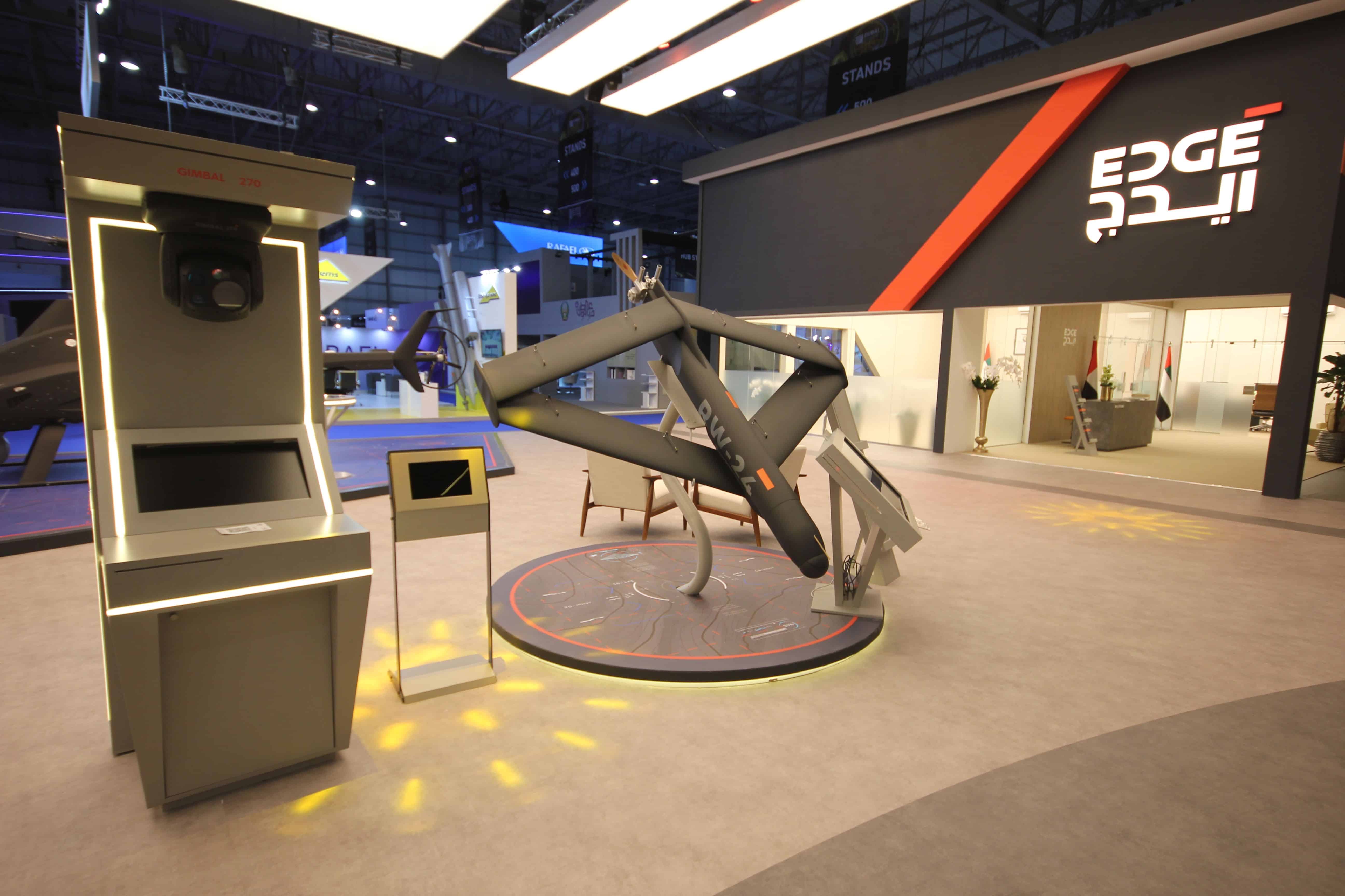 Dubai, UAE - November 14, 2021: EDGE advanced defense and military technology group's pavilion at Dubai Airshow 2021 exhibiting the Emirati company's latest products - from missiles to cyber defense.