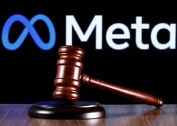 Kazan, Russia - Jan 31, 2022: Gavel on table against the background of Meta company logo. The concept of the trial.