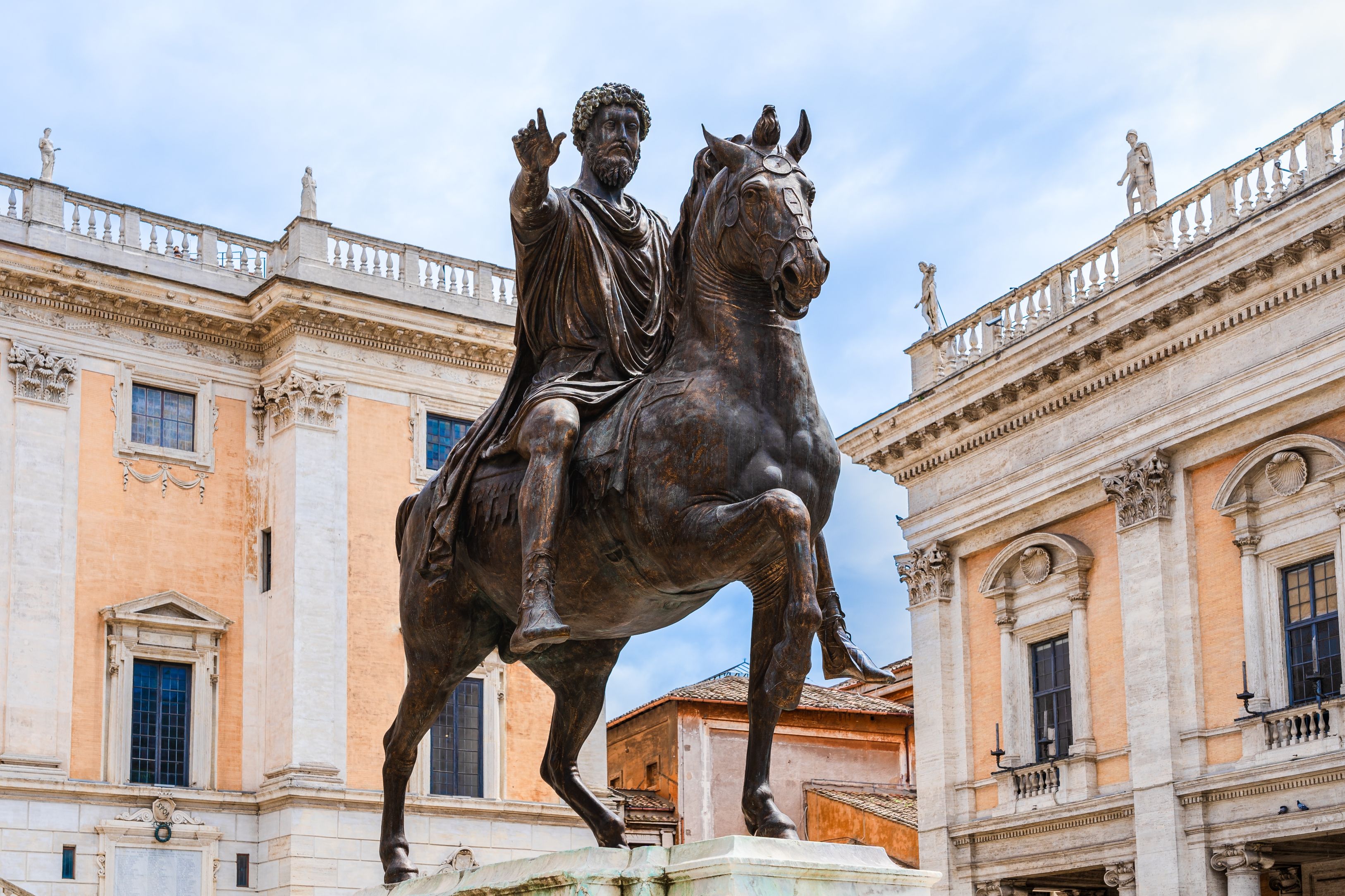 Rome, Lazio, Italy: Replica of the Equestrian Statue of Marcus Aurelius, bronze statue of roman emperor; ancient roman statue on the Capitoline Hill