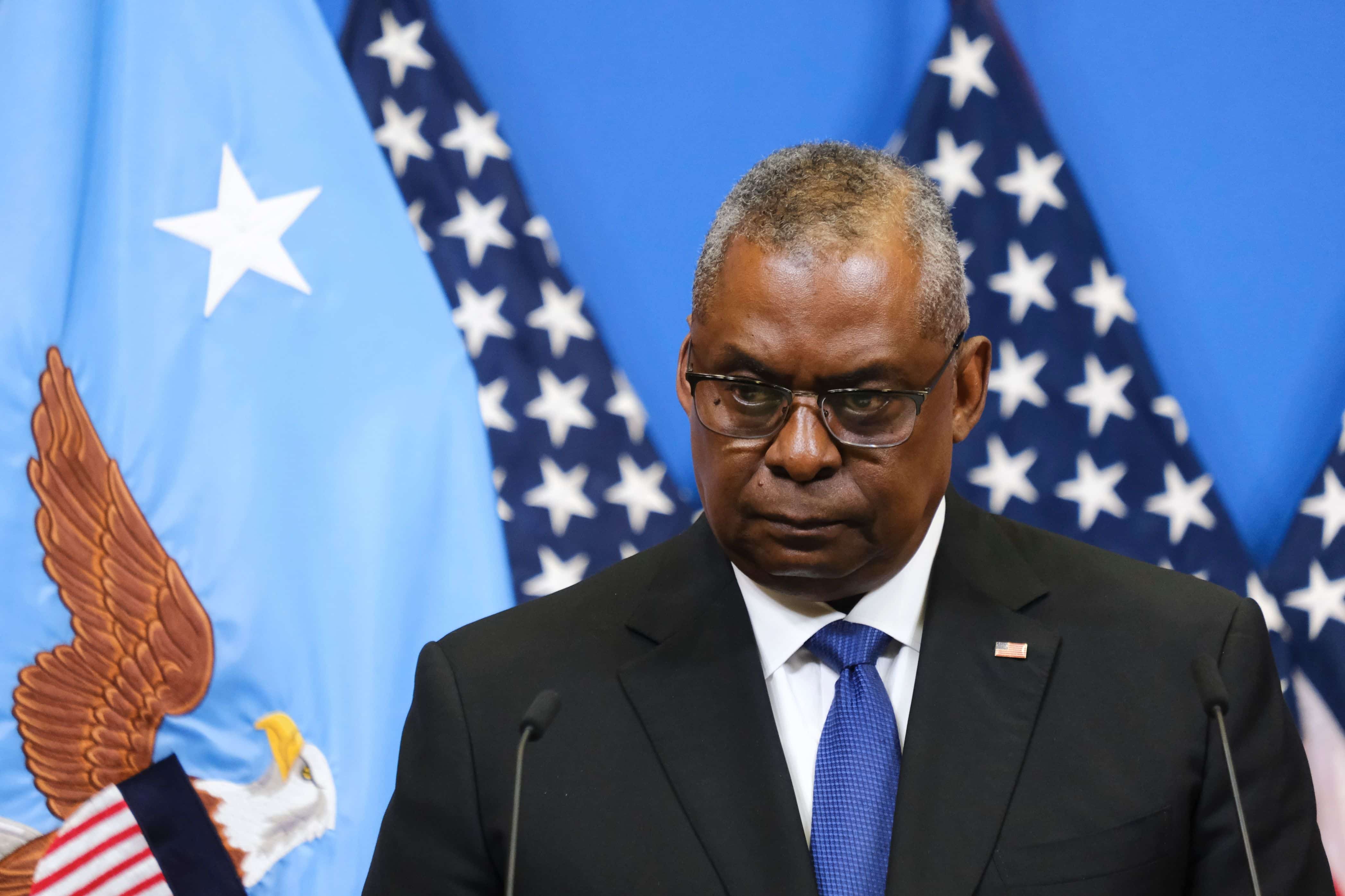 US Secretary of Defense Lloyd Austin speaks during a press conference during a two-day meeting of the alliance's Defence Ministers at the NATO Headquarters in Brussels, Belgium on February 14, 2023.