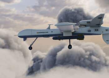 3D animation of military remotely-piloted drone flight. Combat drone launches missiles to hit military targets. Cloudy sky on background. Concept of using modern UAV technology for military battles.