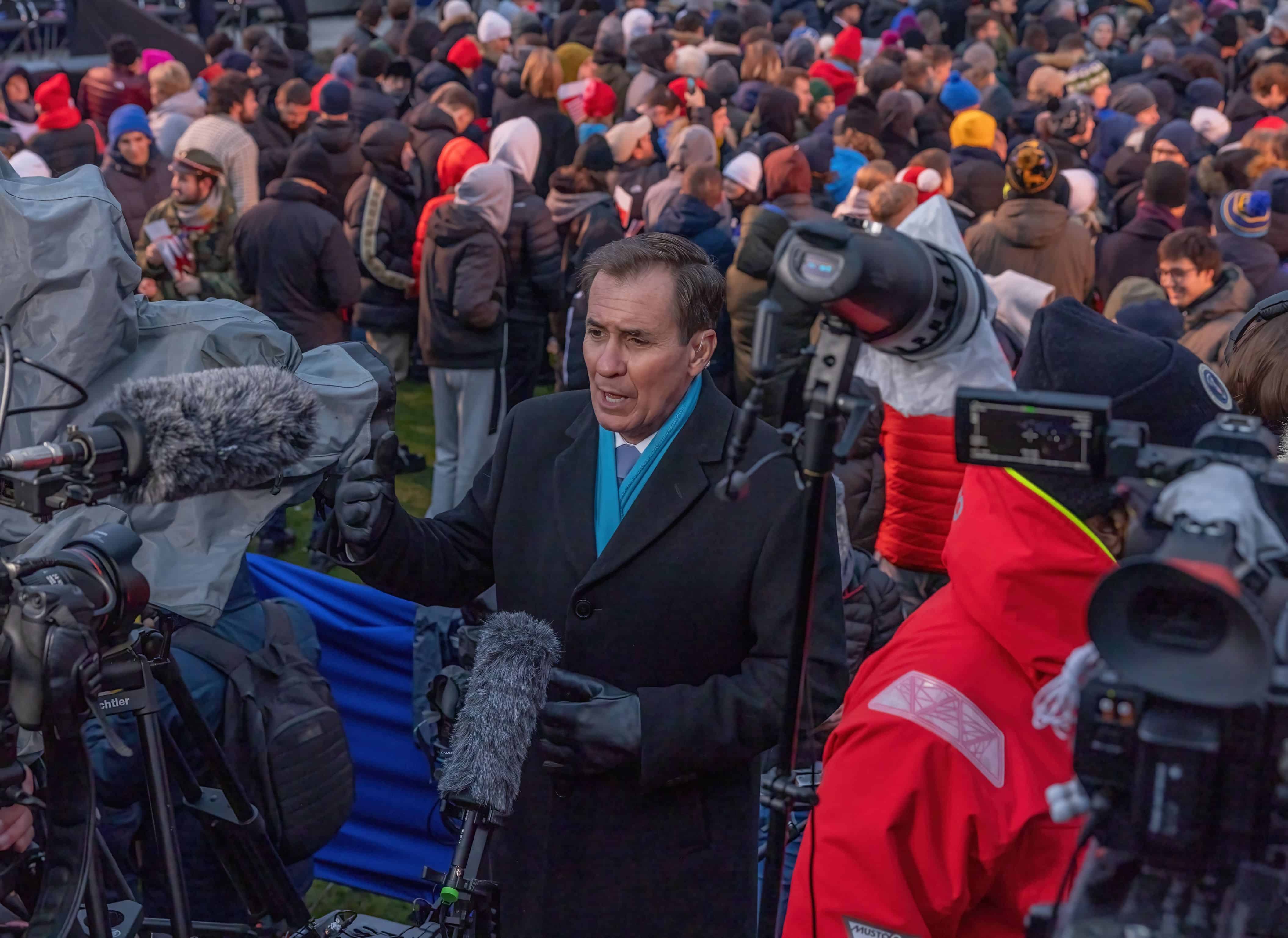 WARSAW, POLAND – February 21, 2023: United States National Security Council Coordinator for Strategic Communications John Kirby gives a television interview at the Royal Castle in Warsaw.