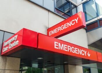 Entrance to and signage for a hospital emergency department in Melbourne, Australia