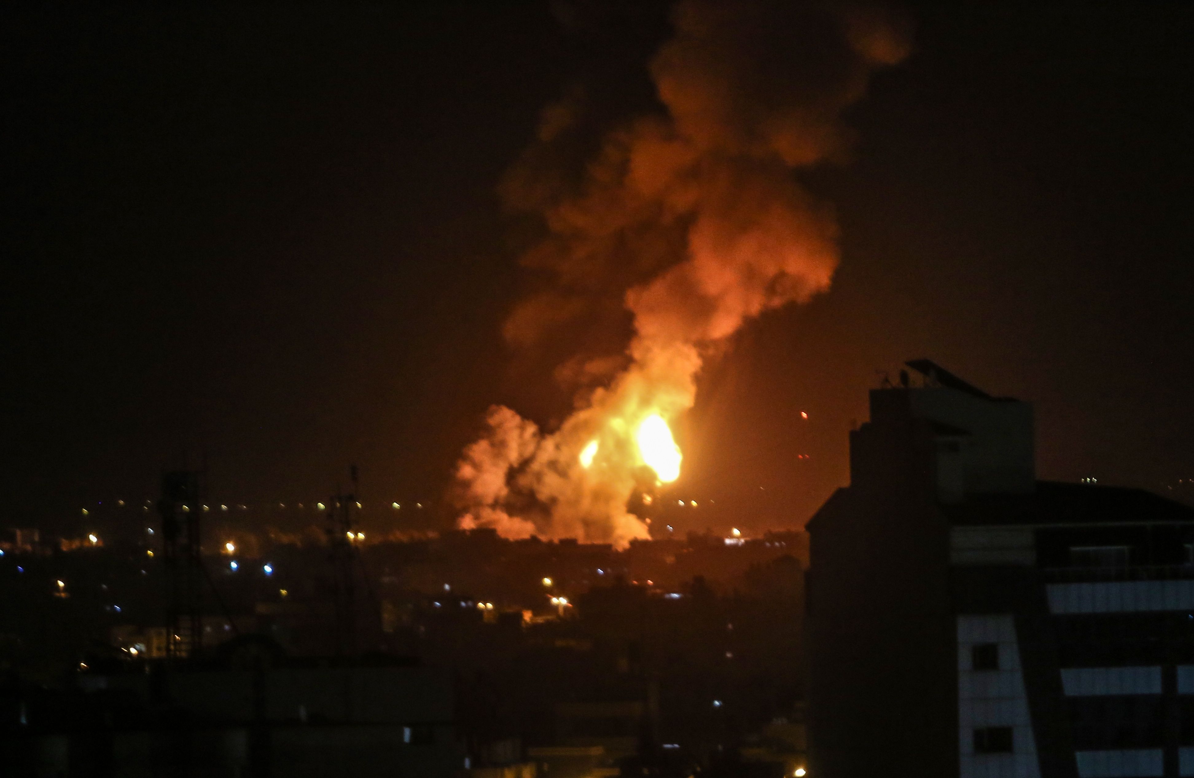 A ball of flames erupted after the Israeli warplanes bombed a military site of the Martyr Izz al-Din al-Qassam Brigades, the military wing of Hamas, in Rafah, in southern Gaza Strip, on May 3, 2023.