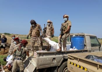 HAJJAH, YEMEN – Oct 24, 2022: Government forces in the border strip with the Kingdom of Saudi Arabia destroyed more than 1,500 kilograms of hashish of various kinds near the coastal city of Midi