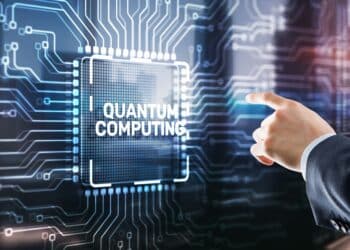 Quantum computing concept. The inscription on the processor icons. Clicking on the virtual screen