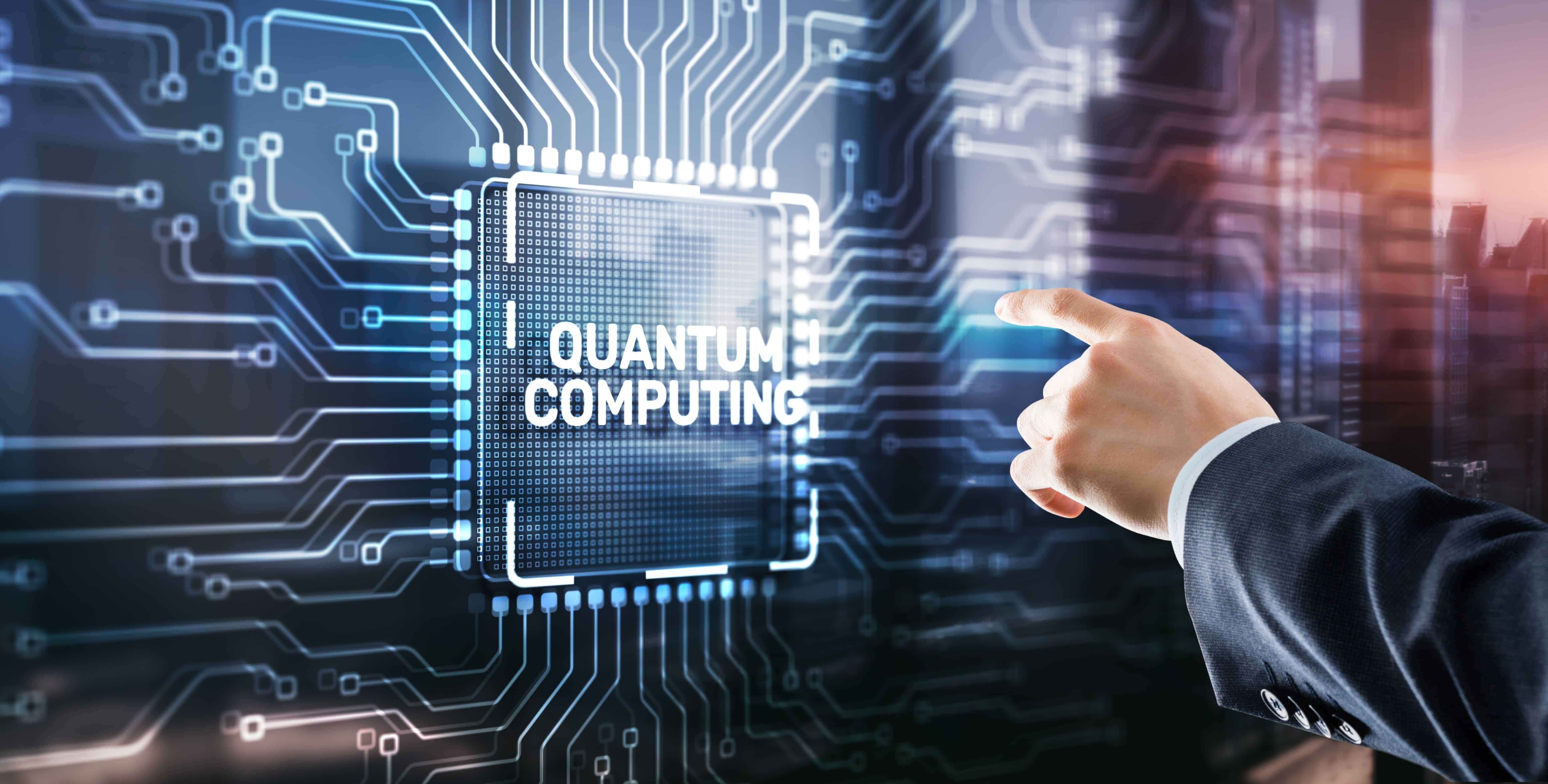 Quantum computing concept. The inscription on the processor icons. Clicking on the virtual screen