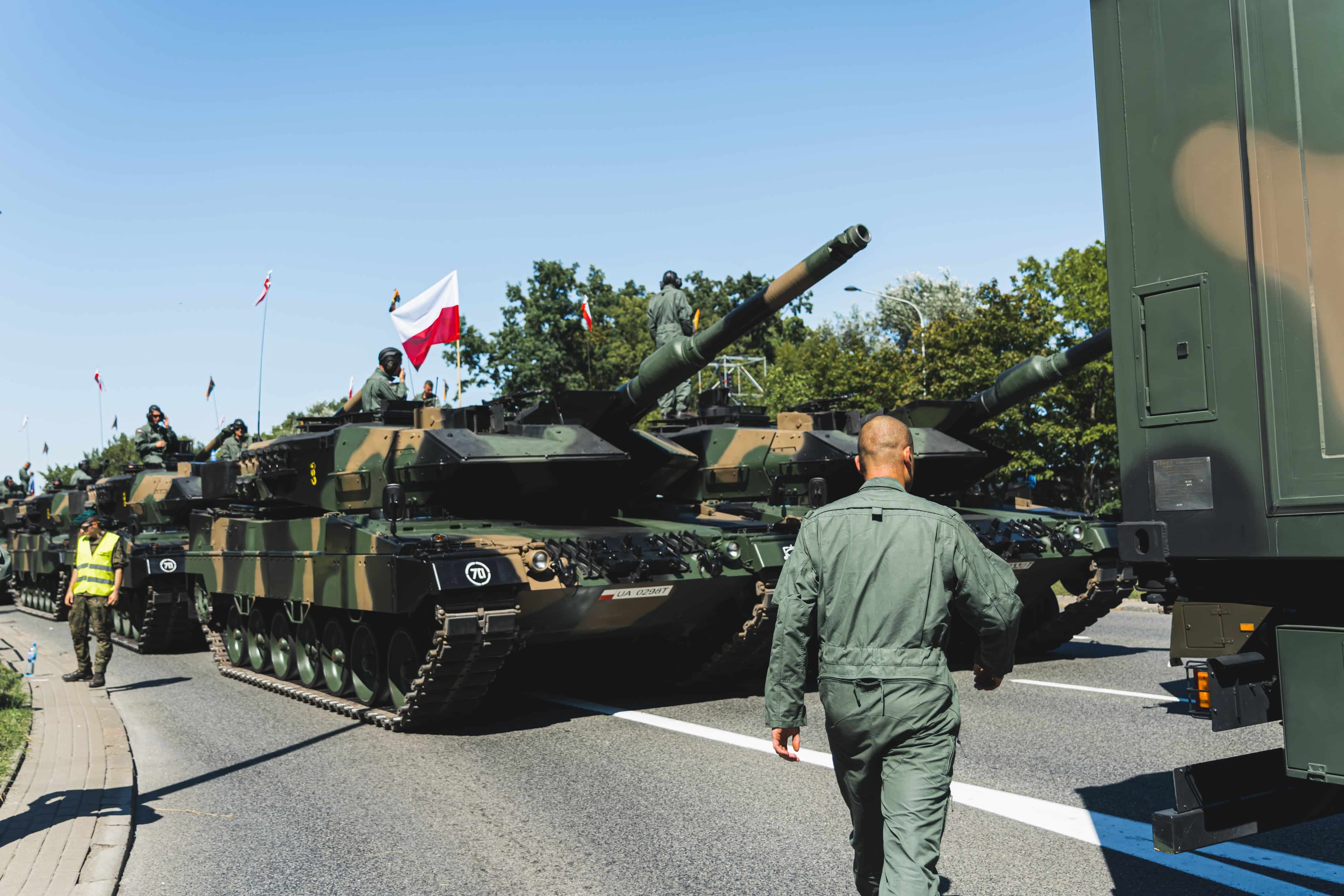16.08.2023 Warsaw, Poland. Polish military parade. European country in NATO celebrating its army forces. Open-air military parade with tanks equipped in Polish flags. High quality photo