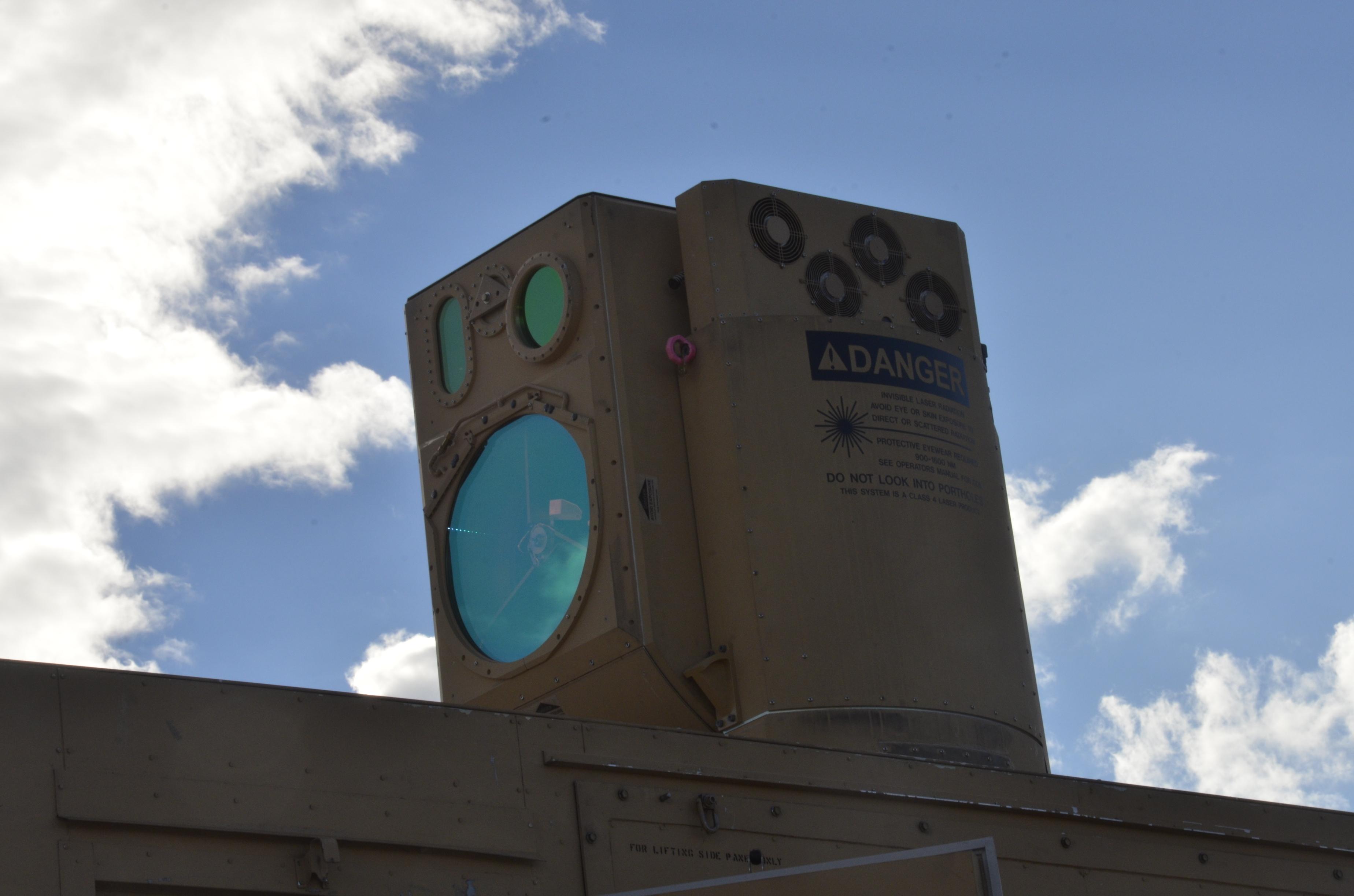 Close up the HEL-MD’s beam director. The beam director is a fast tracking turret system allowing the laser to engaged small fast targets like mortar and artillery fire.