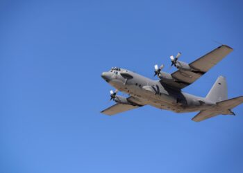 An AC-130H gunship, nicknamed “Excalibur”, flies overhead, May 26, 2015 at Cannon Air Force Base, N.M. The gunship has a long and proud history beginning in Southeast Asia over 46 years ago. (U.S. Air Force photo/Senior Airman Eboni Reece)