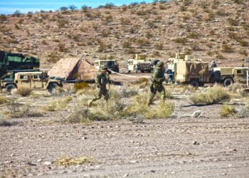 Soldiers of the 1st Stryker Brigade Combat Team, 25th Infantry Division react to simulated indirect fire on the National Training Center, Ft. Irwin, CA., Jan. 15, 2017. The National Training Center conducts tough, realistic, Unified Land Operations with our United Action Partners to prepare Brigade Combat Teams and other units for combat while taking care of Soldiers, Civilians, and Family members. (U.S. Army Sgt. Michael Spandau/Released)