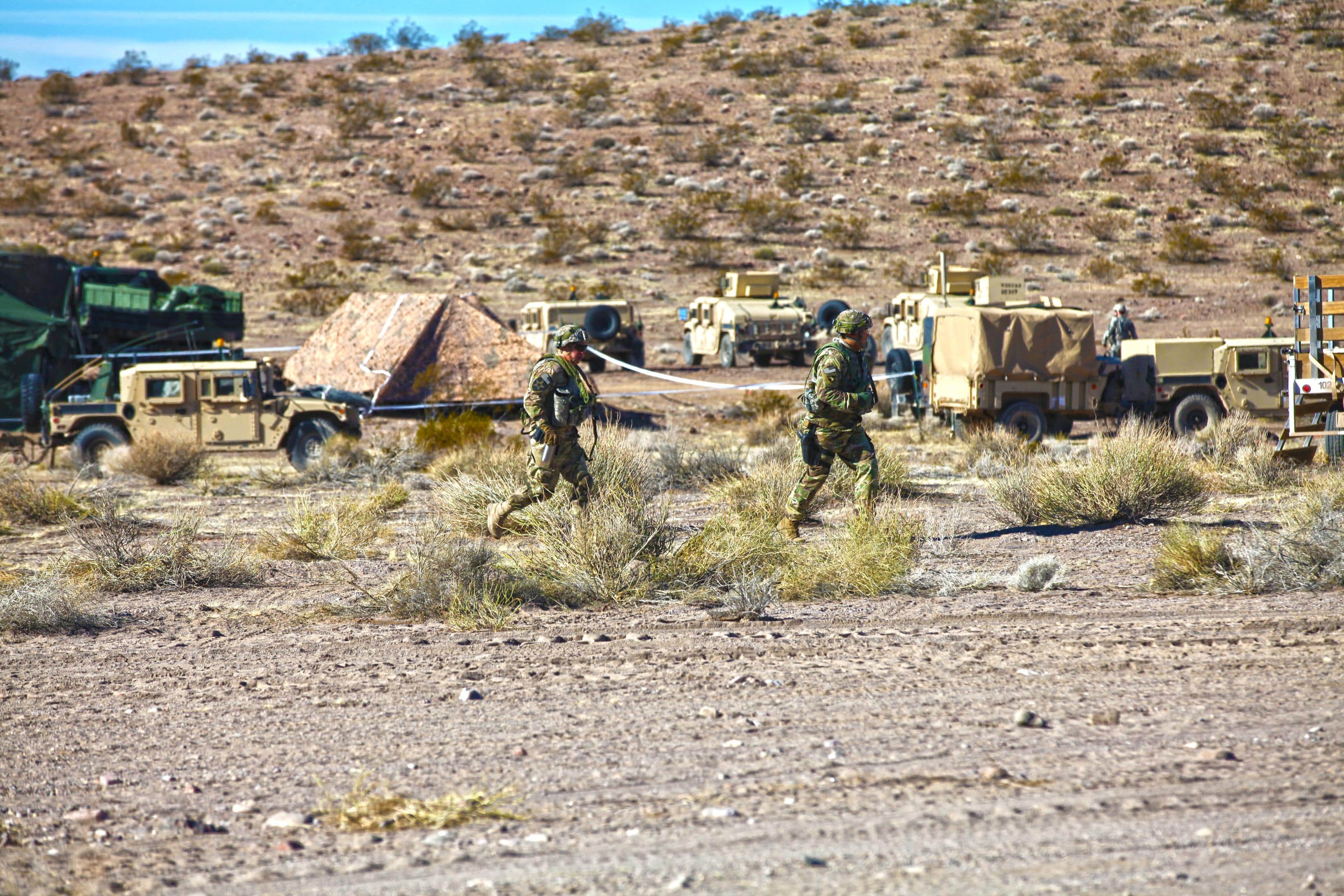 Soldiers of the 1st Stryker Brigade Combat Team, 25th Infantry Division react to simulated indirect fire on the National Training Center, Ft. Irwin, CA., Jan. 15, 2017. The National Training Center conducts tough, realistic, Unified Land Operations with our United Action Partners to prepare Brigade Combat Teams and other units for combat while taking care of Soldiers, Civilians, and Family members. (U.S. Army Sgt. Michael Spandau/Released)
