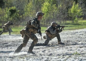 Marine Special Operations School Individual Training Course students run toward targets during live-fire maneuvering training, April 11, 2017, at Camp Lejeune, N.C. For the first time, U.S. Air Force Special Tactics Airmen spent three months in Marine Special Operations Command’s initial Marine Raider training pipeline, representing efforts to build joint mindsets across special operations forces. (U.S. Air Force photo by Senior Airman Ryan Conroy)