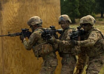 U.S. Army soldier with 1st battalion, 8th infantry regiment, 3rd armored brigade combat team, 4th infantry division prepare to breach a room during urban operations training for the 2017 Saber Guardian Exercise at Koren, Bulgaria, July 15, 2017.