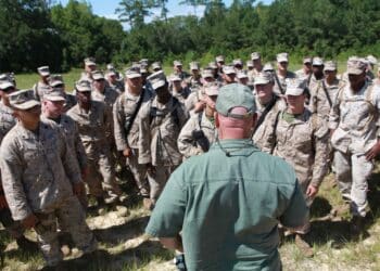 Marines with Combat Logistics Battalion 24, Combat Logistics Regiment 27, 2nd Marine Logistics Group, are trained on the processes of running an evacuation control center as part of non-combatant evacuation operation training at Landing Zone Oriole, July 16. The training served as a smaller part of a nine-day training event, July 11-20, to prepare the battalion for compositing with the 24th Marine Expeditionary Unit.