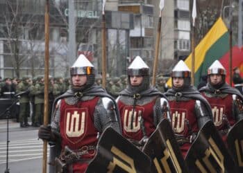 Lithuanian Soldiers dress in historic Lithuanian regalia march during the 100-year anniversary parade of the re-establishment of the Lithuanian Army in Vilnius, Lithuania, Nov. 24, 2018. More than 20 nations participated in the Lithuanian century parade and their proclamation of Independence from the Russian Empire. (U.S. Army National Guard photo by Maj. Ellis Parks, 382nd Public Affairs Detachment, 1st ABCT, 1st CD/Released)