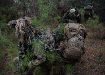 U.S. Air Force Special Tactics operators set up security while a teammate moves into a hide site during a full mission profile as part of a beta Special Reconnaissance course near Hurlburt Field, Florida, Sept. 25, 2019.