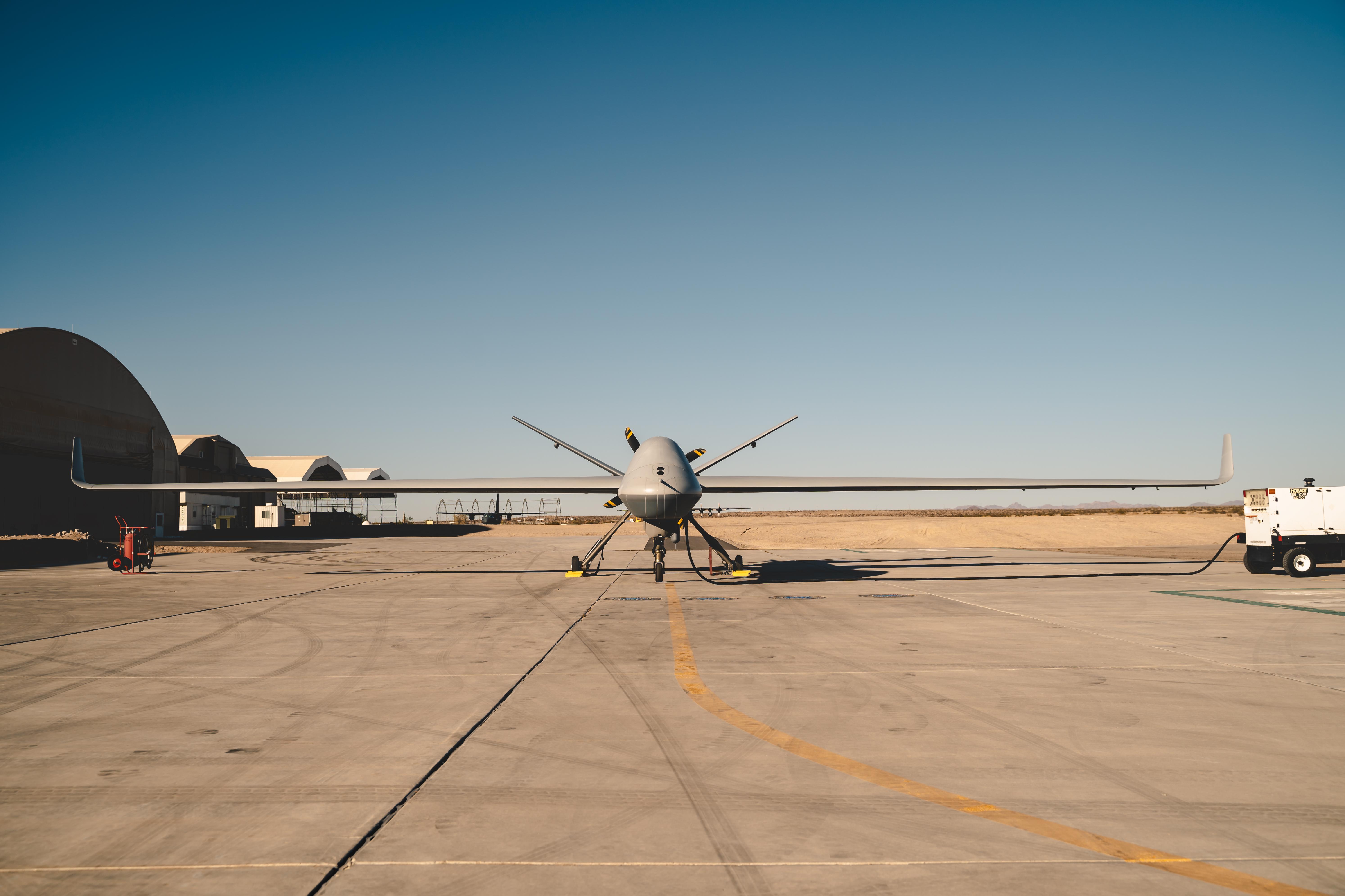 The General Atomics MQ-9B Reaper Unmanned Aerial Vehicle is staged at the U.S. Army Yuma Proving Grounds, U.S. Army Test and Evaluation Command, Yuma, Ariz., Nov. 7, 2019.