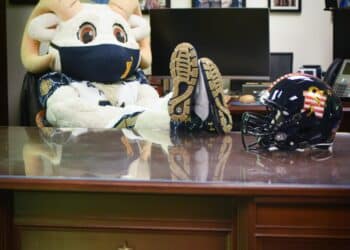 201203-N-YG104-0009 WASHINGTON (Dec. 03, 2020) Bill the Goat, the United States Naval Academy mascot, poses for a photo in the Office of the Master Chief Petty Officer of the Navy. Bill visited ahead of the game to share his team spirit. This year marks the 121st iteration of the game. The Army-Navy football game is one of the oldest and most storied contests in the history of college athletics. (U.S. Navy photo by Mass Communication Specialist 1st Class Sarah Villegas)