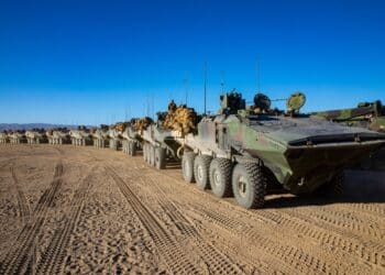 U.S. Marine Corps Amphibious Combat Vehicles (ACV) with Co. D, 3rd Assault Amphibian Battalion, 1st Marine Division, move in a convoy at the conclusion of Marine Air Ground Task Force Warfighting Exercise (MWX) 2-21 at Marine Corps Air Ground Combat Center, Twentynine Palms, Calif., Feb. 20, 2021.