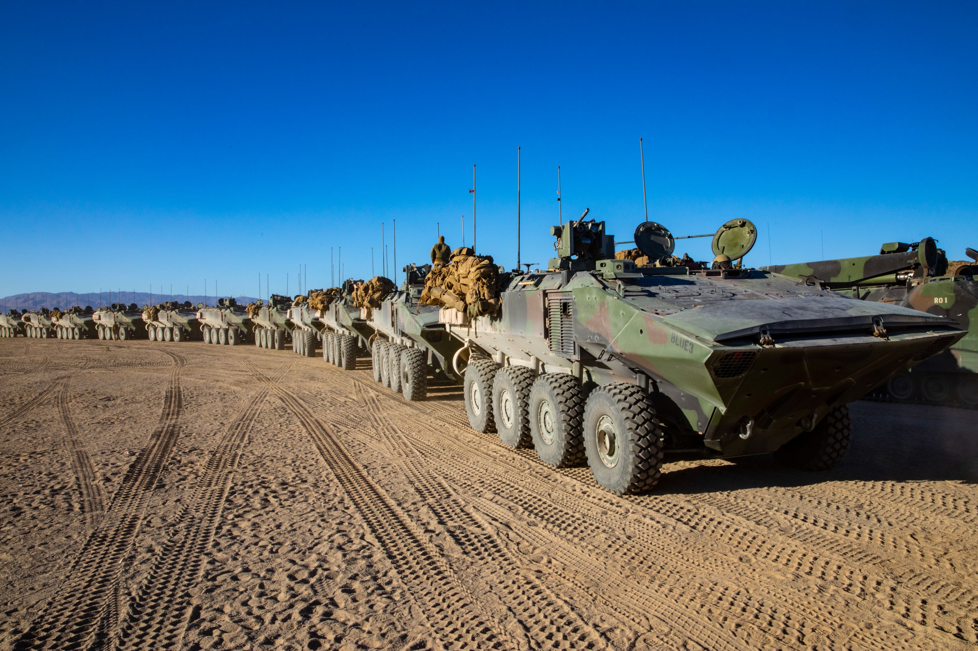 U.S. Marine Corps Amphibious Combat Vehicles (ACV) with Co. D, 3rd Assault Amphibian Battalion, 1st Marine Division, move in a convoy at the conclusion of Marine Air Ground Task Force Warfighting Exercise (MWX) 2-21 at Marine Corps Air Ground Combat Center, Twentynine Palms, Calif., Feb. 20, 2021.