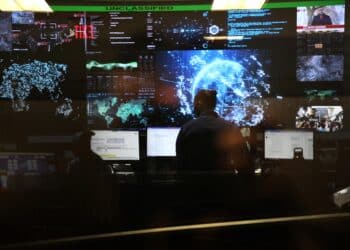 U.S. Cyber Command members work in the Integrated Cyber Center, Joint Operations Center at Fort George G. Meade, Md., April. 2, 2021.