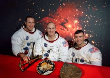 The members of the prime crew of the Apollo 13 lunar landing mission are astronauts James A. Lovell Jr. (from left), commander; Thomas K. Mattingly II (replaced by Jack Swigert for the actual mission), command module pilot; and Fred W. Haise Jr., lunar module pilot. (Photo courtesy of NASA)