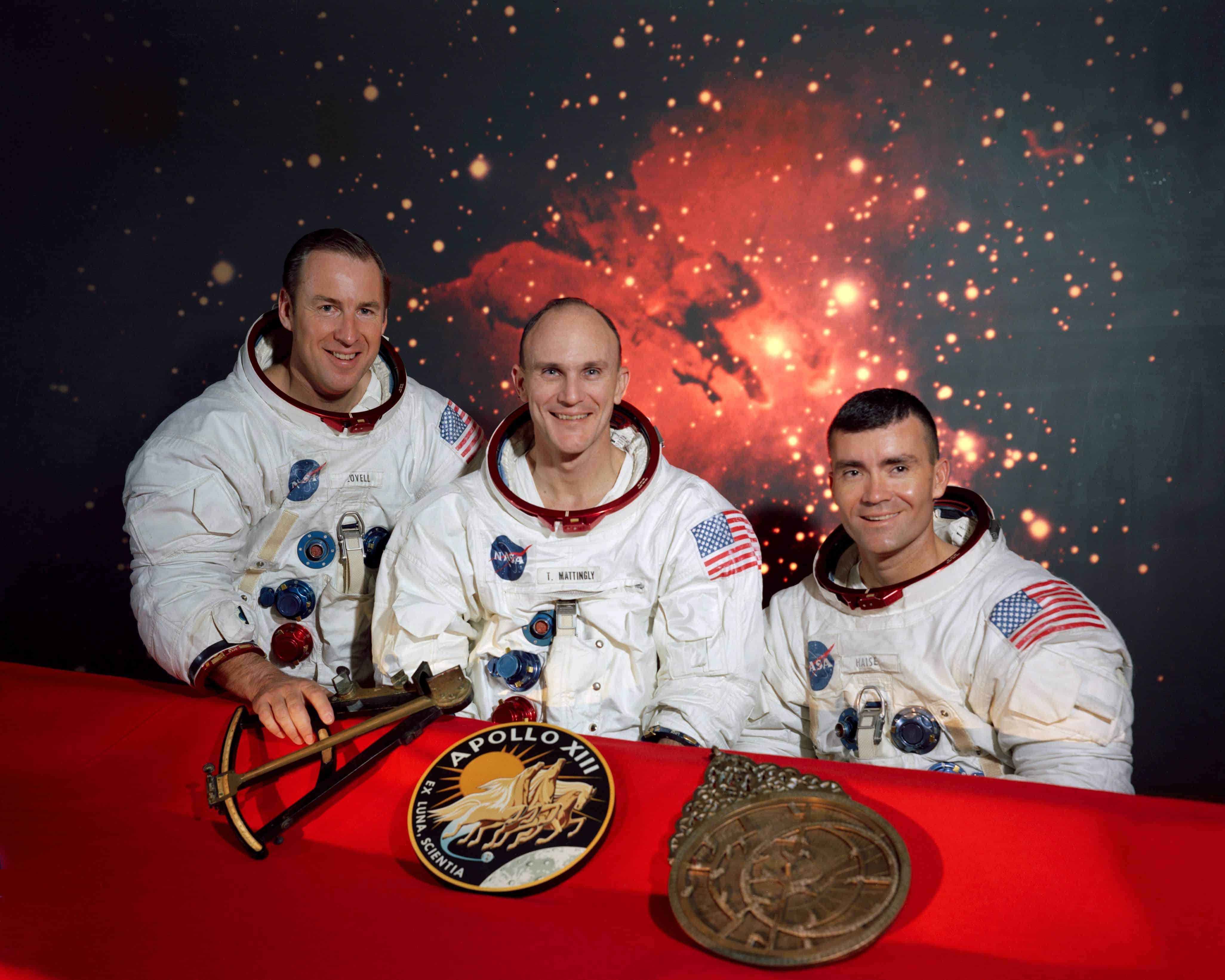 The members of the prime crew of the Apollo 13 lunar landing mission are astronauts James A. Lovell Jr. (from left), commander; Thomas K. Mattingly II (replaced by Jack Swigert for the actual mission), command module pilot; and Fred W. Haise Jr., lunar module pilot. (Photo courtesy of NASA)