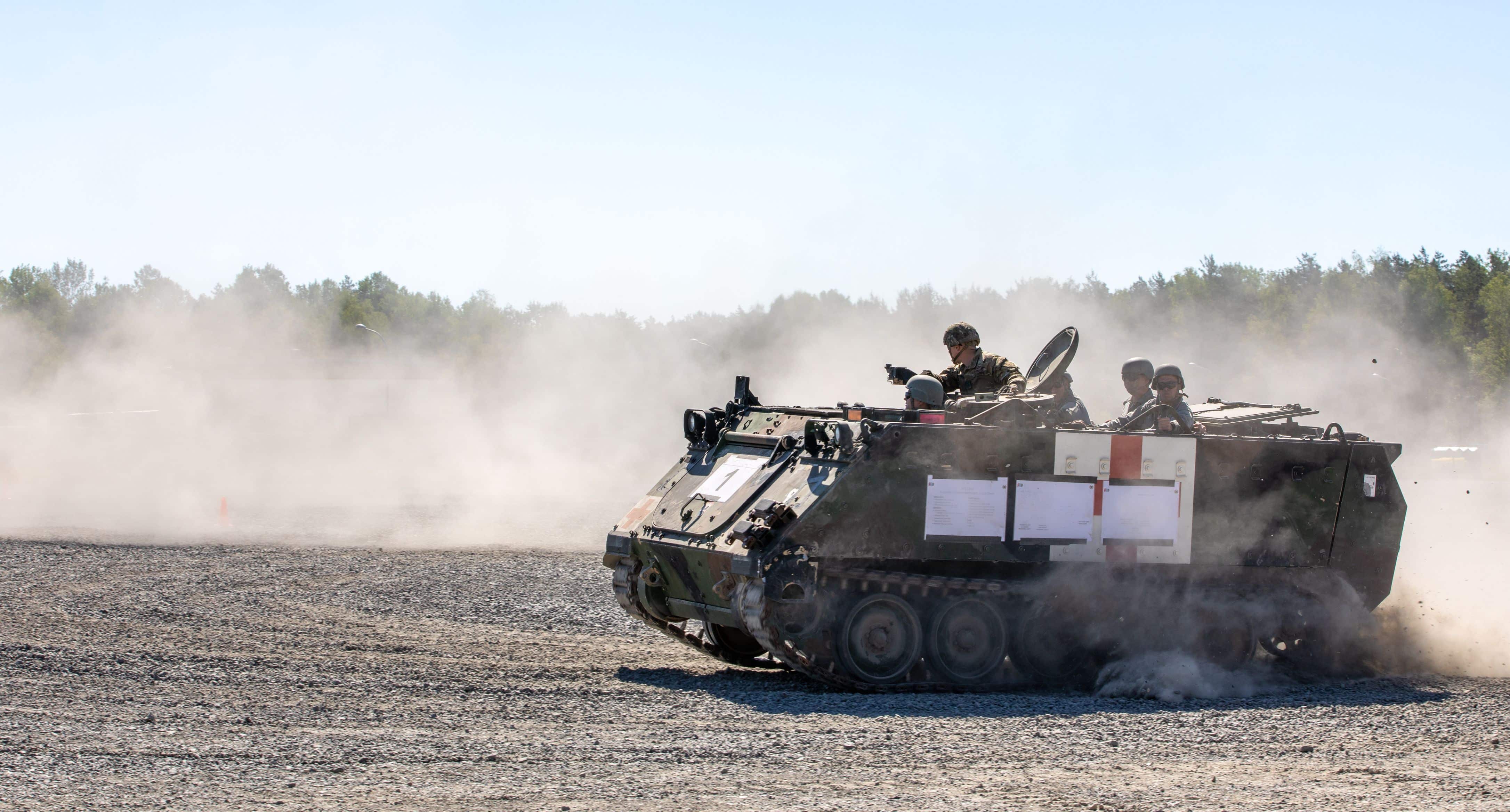 Soldiers with the Armed Forces of Ukraine operate an M113 Armored Personnel Carrier during the drivers training portion of the maintenance course at Grafenwoehr Training Area, Germany, June 2, 2022. Instruction for the course is provided by the U.S. as part of a security assistance package. (U.S. Army photo by Sgt. Spencer Rhodes, 53rd Infantry Brigade Combat Team)