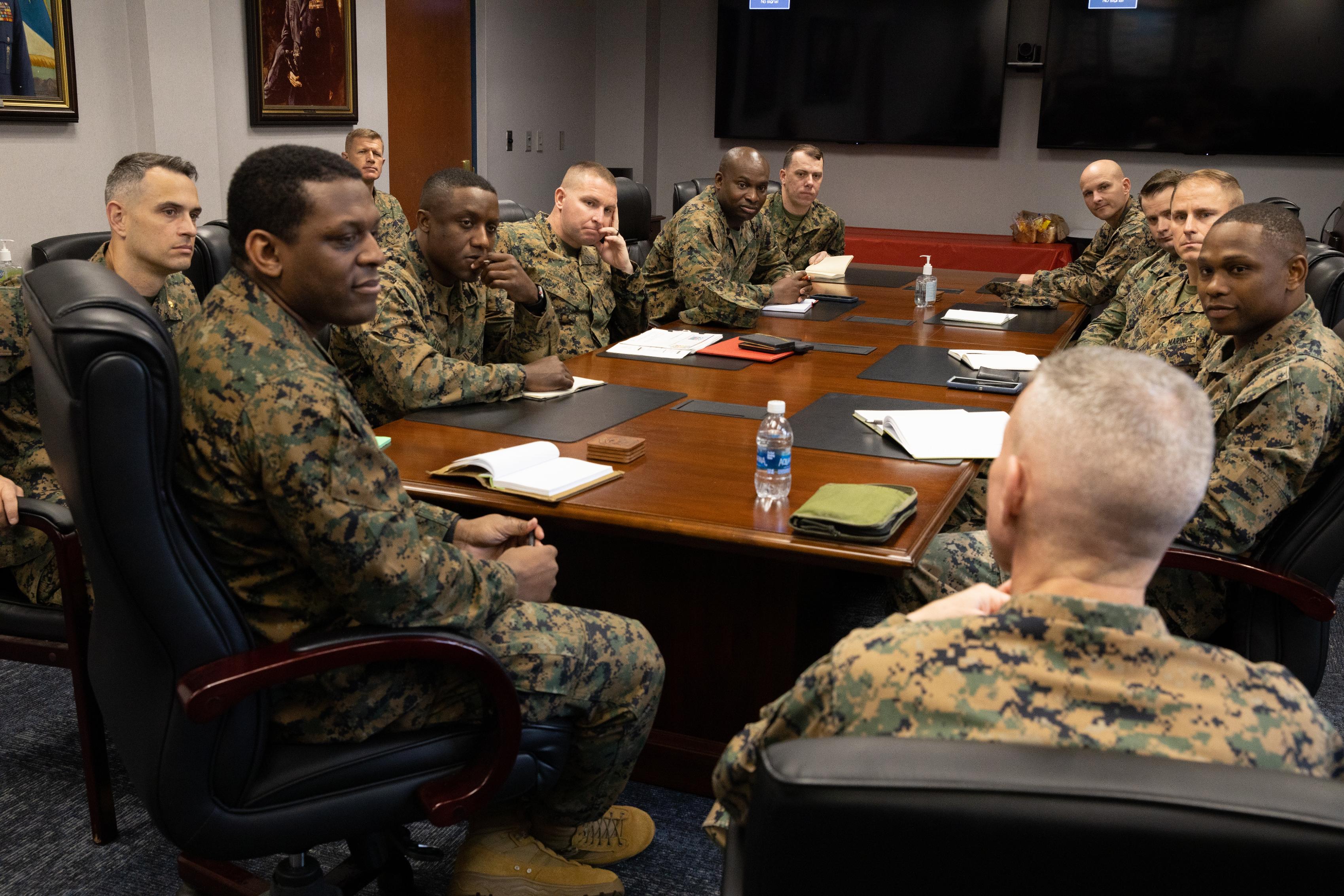 U.S. Marine Gen. Eric M. Smith, the Assistant Commandant of the Marine Corps, speaks with Marines from Marine Corps Recruiting Station Montgomery and Weapons Company, 3rd Battalion 23rd Marines at Maxwell Air Force Base in Montgomery, Alabama, Feb. 10, 2023. The purpose of this visit was to communicate with the Marines to address questions and concerns about improving the force. (U.S. Marine Corps photo by Sgt. Shannon Doherty)