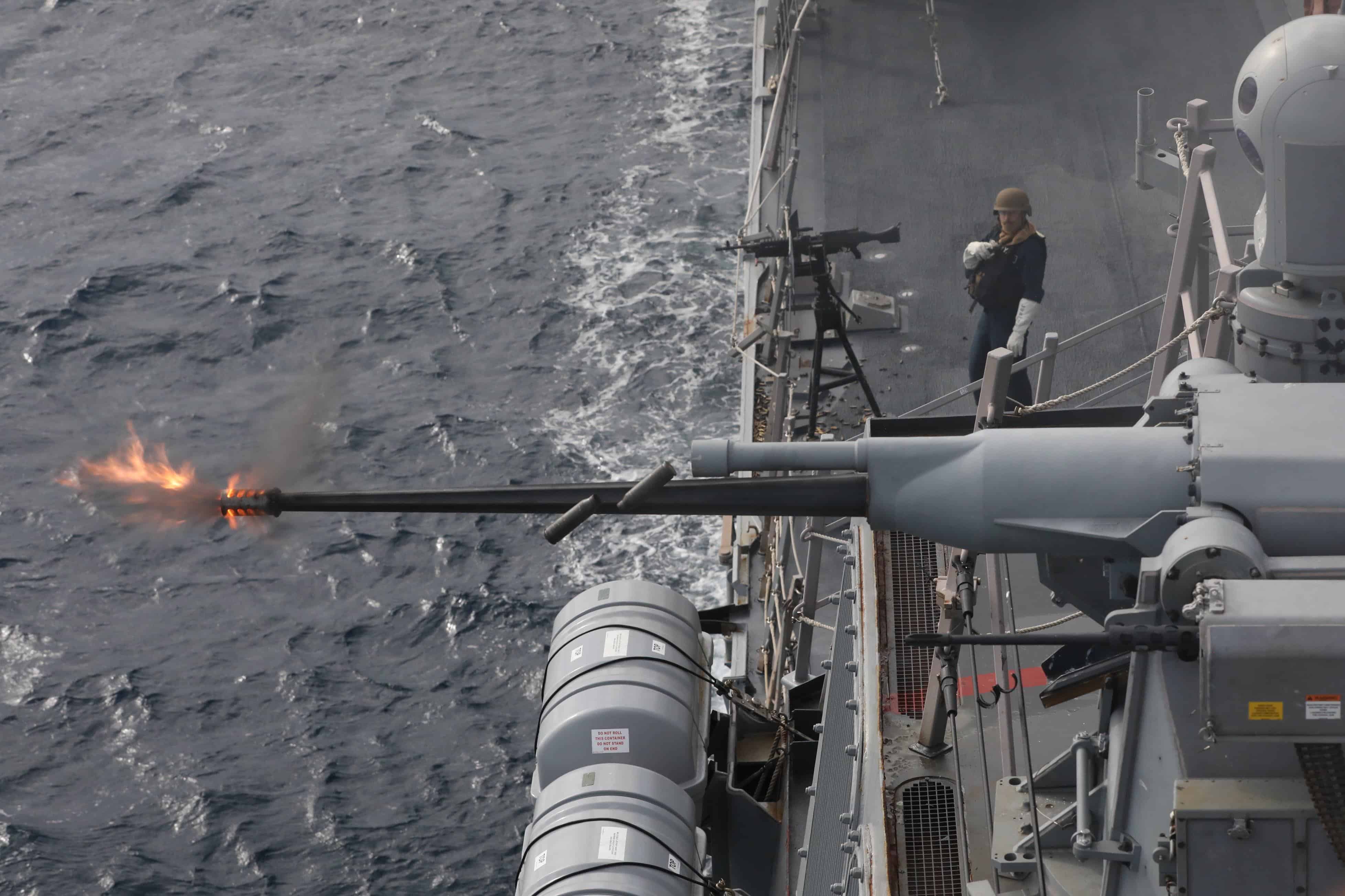 230302-N-AL206-1644 ATLANTIC OCEAN (March 2, 2023) The Arleigh Burke-class guided-missile destroyer USS Thomas Hudner (DDG 116) conducts a test of its M240 weapons in the Atlantic Ocean, March 4, 2023.