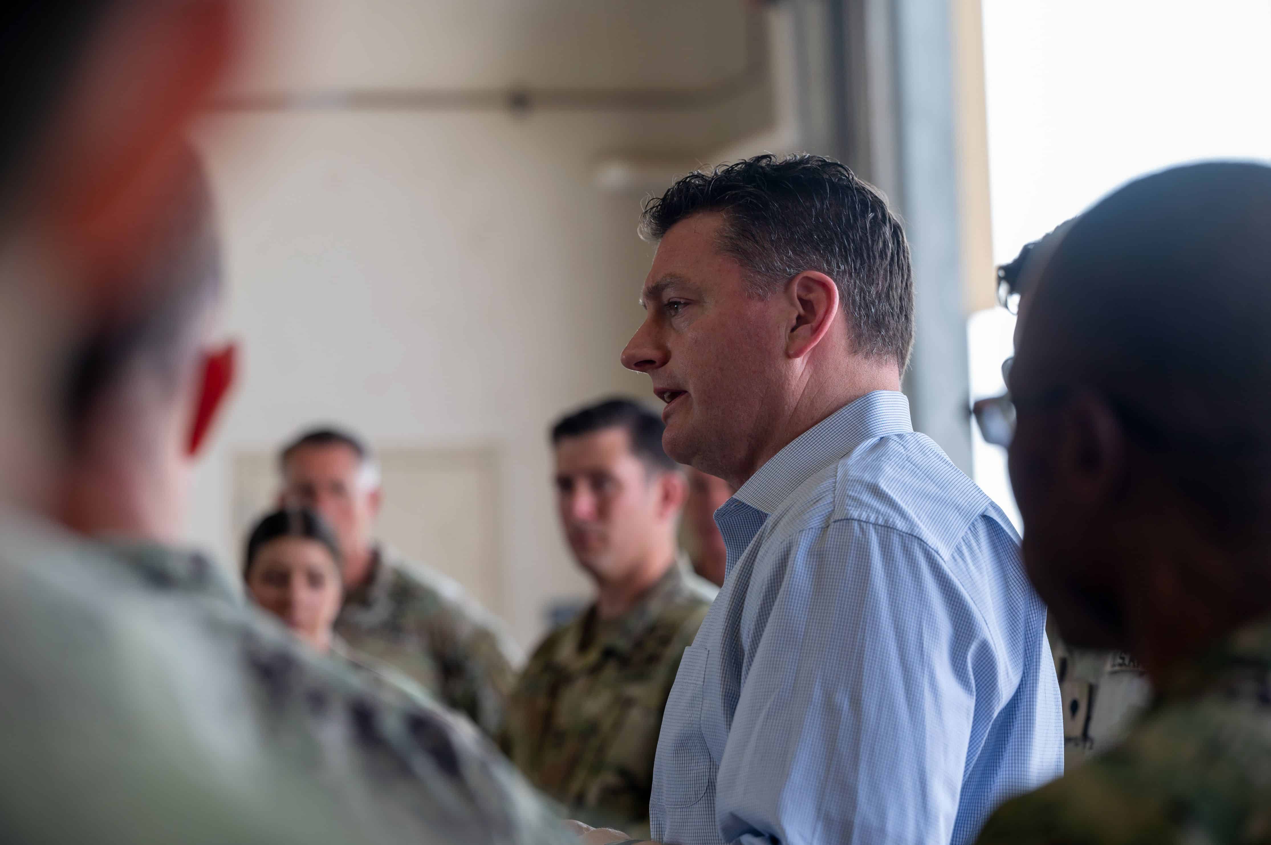 The Honorable Christopher P. Maier, the Assistant Secretary of Defense for Special Operations and Low-Intensity Conflict, speaks with U.S. Special Operations Command Africa troops at Camp Lemonnier, Djibouti, July 23, 2023. Maier met with U.S. Special Operations Command Africa to assess ongoing operations and discuss future regional security efforts. (U.S. Air Force photo by Airman 1st Class Natalie Vandergriff)