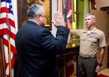 Secretary of the Navy Carlos Del Toro swears in Gen. Eric Smith as the 39th commandant of the Marine Corps, Sept. 22, in the Pentagon.