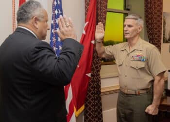 The Secretary of the Navy Carlos Del Toro swears-in Gen. Christopher J. Mahoney as the 37th Assistant Commandant of the Marine Corps at the Pentagon, Nov. 3, 2023. Mahoney was nominated to become the ACMC in July and was confirmed Nov. 2. (U.S. Marine Corps photo by Sgt. Rachaelanne Woodward)