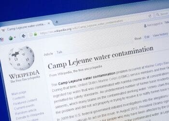 Ryazan, Russia - August 19, 2018: Wikipedia page about Camp Lejeune water contamination on the display of PC.